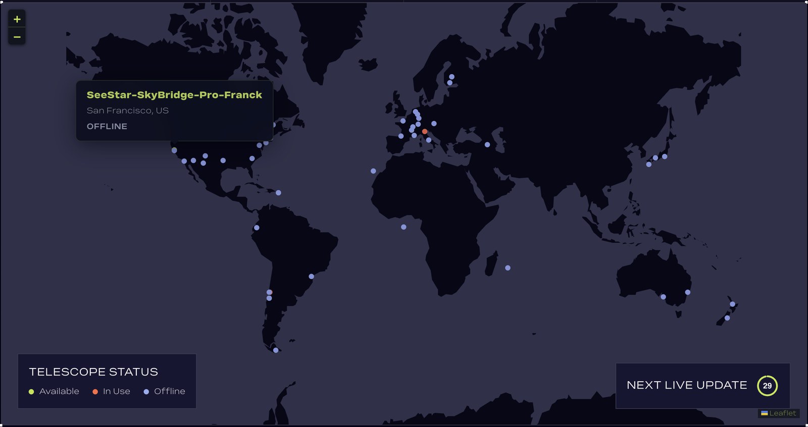 The live network map with a tooltip open on a dot, showing the telescope's name, location, and status