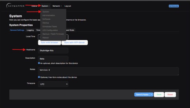 System page - type your SkyBridge's name in the Hostname field, then click Save & Apply