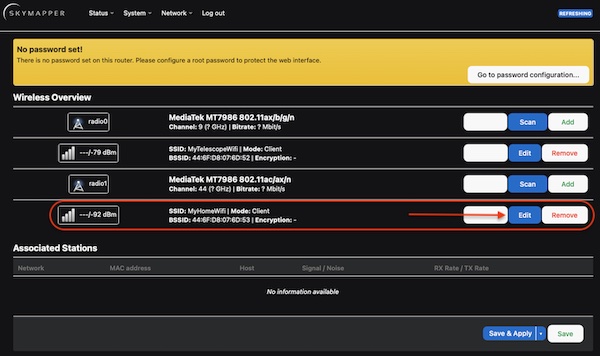 Wireless Overview - find your home Wi-Fi network and click Edit