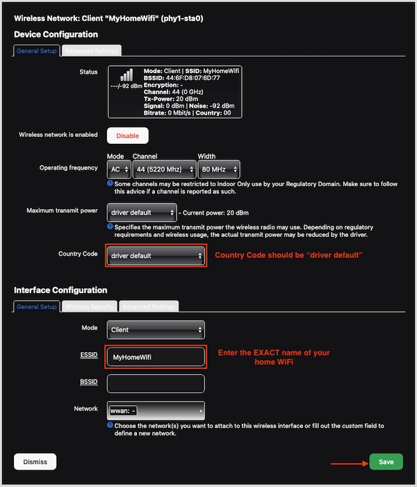 Home Wi-Fi settings - enter your network name in ESSID and password under Wireless Security